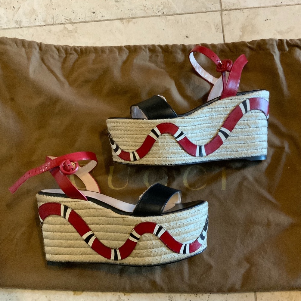 Gucci Barbette Snake Espadrille Wedge Sandal